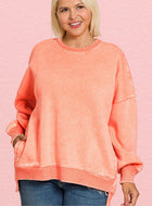 Curvy size Fleece lined washed coral sweatshirt with pockets