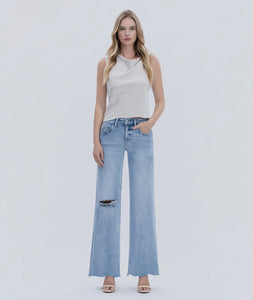 LOVERVET -High rise uneven raw hem wide leg jeans LV1961
