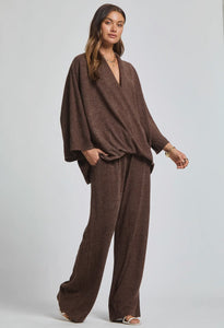 Melisa- Chocolate Elegant ribbed two piece wide leg pants set