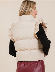 PLUS Geegee- semi- cropped ruffle trim beige puffer vest