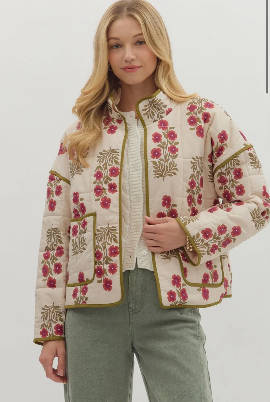 Botanical long sleeve cream quilted jacket