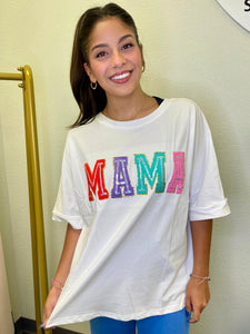 MAMA- sequins detail block letter top