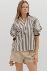 Belle- Black Stripe pattern half-zip closure short puff sleeve top