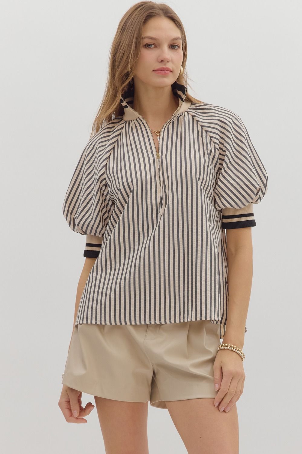 Belle- Black Stripe pattern half-zip closure short puff sleeve top