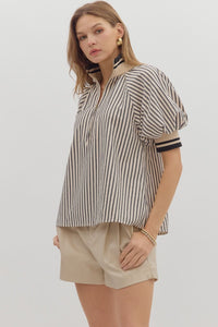 Belle- Black Stripe pattern half-zip closure short puff sleeve top