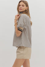 Load image into Gallery viewer, Belle- Black Stripe pattern half-zip closure short puff sleeve top
