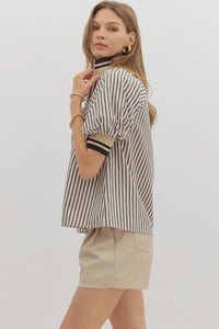 Belle- Black Stripe pattern half-zip closure short puff sleeve top