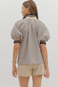 Belle- Black Stripe pattern half-zip closure short puff sleeve top