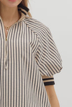 Load image into Gallery viewer, Belle- Black Stripe pattern half-zip closure short puff sleeve top
