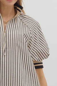 Belle- Black Stripe pattern half-zip closure short puff sleeve top