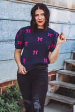 Load image into Gallery viewer, BOW- Navy/ Purple PUFF SHORT SLEEVE BOW PATTERN SWEATER TOP
