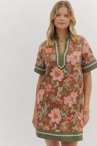Fall Day- Autumn tones Floral Print contrast hem mini dress