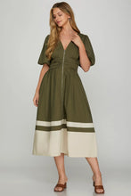 Load image into Gallery viewer, Elen- Olive BUBBLE SLEEVE FRONT ZIP COLOR BLOCK MIDI DRESS WITH SIDE ZIPPER AND POCKETS
