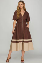 Load image into Gallery viewer, Elen- Brown BUBBLE SLEEVE FRONT ZIP COLOR BLOCK MIDI DRESS WITH SIDE ZIPPER AND POCKETS
