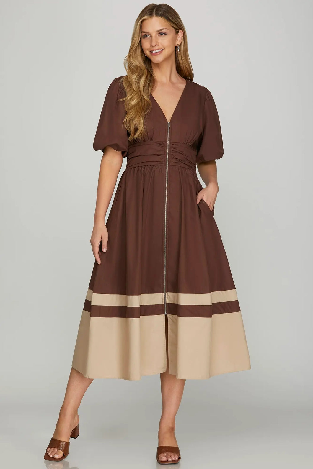 Elen- Brown BUBBLE SLEEVE FRONT ZIP COLOR BLOCK MIDI DRESS WITH SIDE ZIPPER AND POCKETS
