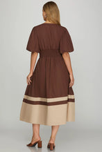 Load image into Gallery viewer, Elen- Brown BUBBLE SLEEVE FRONT ZIP COLOR BLOCK MIDI DRESS WITH SIDE ZIPPER AND POCKETS
