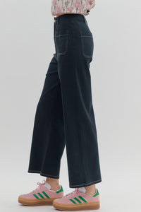 Solid high-waist button fly-front zipper closure pants