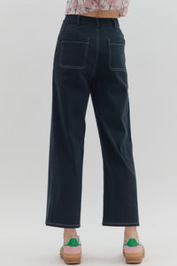 Solid high-waist button fly-front zipper closure pants