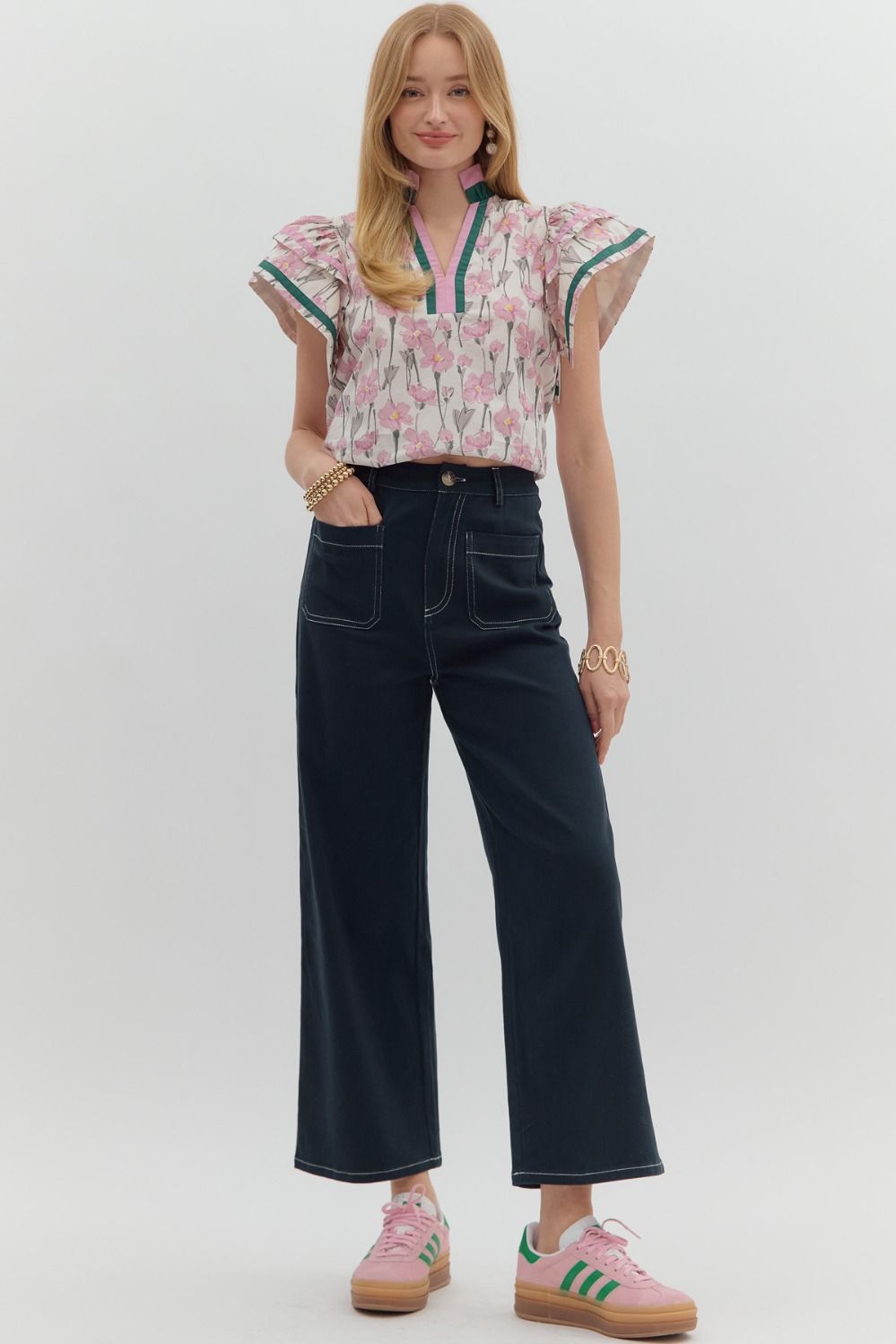 Solid high-waist button fly-front zipper closure pants