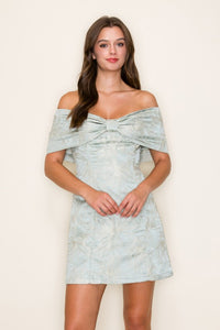 Savannah- Front Bow Off-shoulder jacquard sage dress