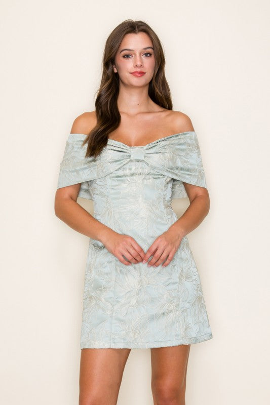Savannah- Front Bow Off-shoulder jacquard sage dress