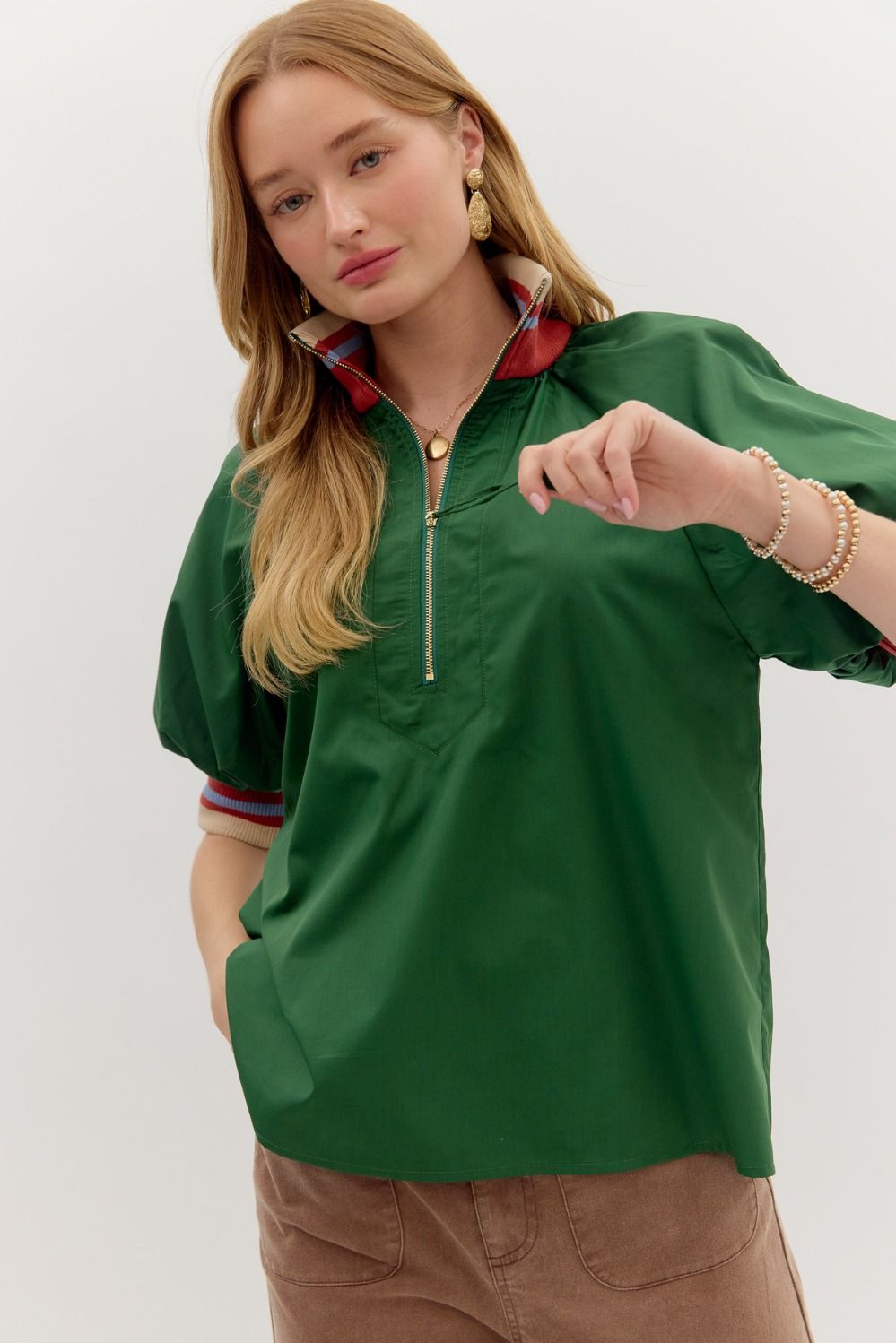 Dina- Hunter Green solid zip closure contrast collared top