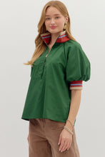 Load image into Gallery viewer, Dina- Hunter Green solid zip closure contrast collared top
