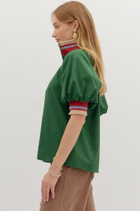 Dina- Hunter Green solid zip closure contrast collared top