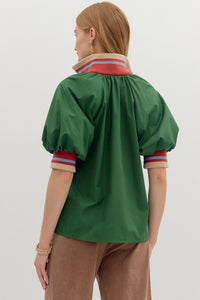 Dina- Hunter Green solid zip closure contrast collared top