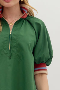 Dina- Hunter Green solid zip closure contrast collared top