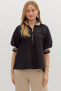 Dina- Black solid zip closure collared top