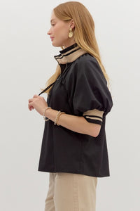 Dina- Black solid zip closure collared top