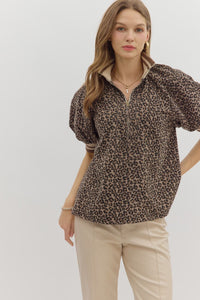 Plus NALA- Leopard puff sleeve contrast collared top