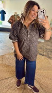 Plus NALA- Leopard puff sleeve contrast collared top