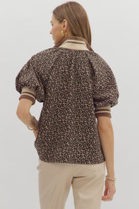 Plus NALA- Leopard puff sleeve contrast collared top