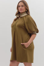 Load image into Gallery viewer, Plus Bethenny- Thick High Collared loose fit Olive dress with pockets
