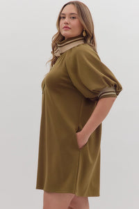 Plus Bethenny- Thick High Collared loose fit Olive dress with pockets
