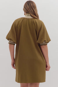 Plus Bethenny- Thick High Collared loose fit Olive dress with pockets