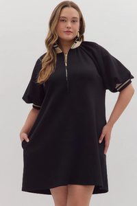 Plus Bethenny- Thick High Collared loose fit Black dress with pockets