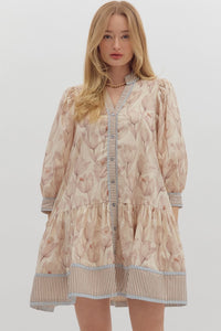 FLORAL PATH-Ecru muted floral print ruffle hem dress