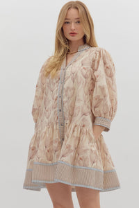 FLORAL PATH-Ecru muted floral print ruffle hem dress