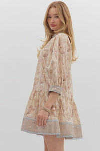 FLORAL PATH-Ecru muted floral print ruffle hem dress