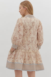FLORAL PATH-Ecru muted floral print ruffle hem dress