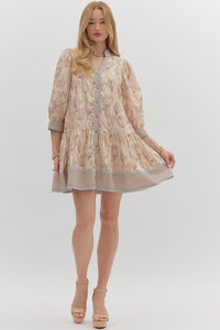 FLORAL PATH-Ecru muted floral print ruffle hem dress