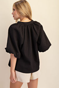 Zee- Black Textured Puff sleeve top