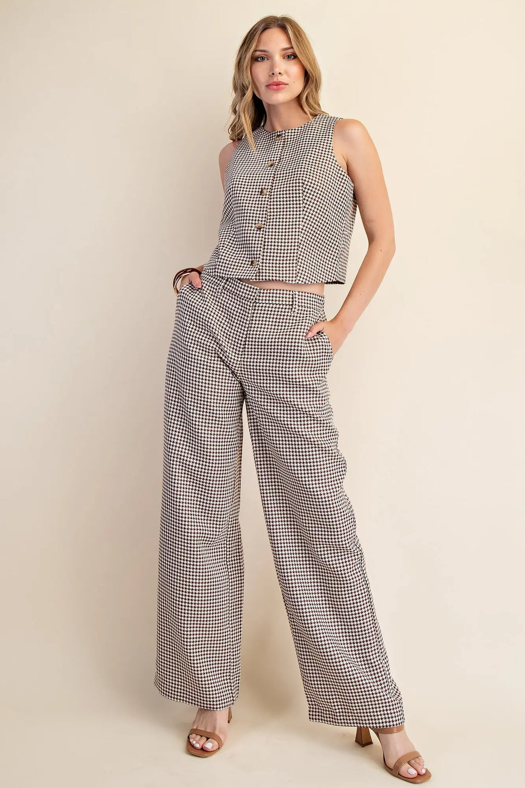 Oxford- Brown Houndstooth Mid Rise Trouser Pants