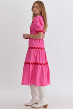 Load image into Gallery viewer, ZEYZEY- Solid v-neck puff sleeve midi dress featuring rick rack trimming detail
