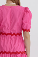 Load image into Gallery viewer, ZEYZEY- Solid v-neck puff sleeve midi dress featuring rick rack trimming detail
