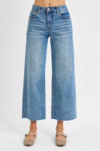 RISEN JEANS- Tummy Control Medium Wash Mid Rise Cropped wide leg jeans