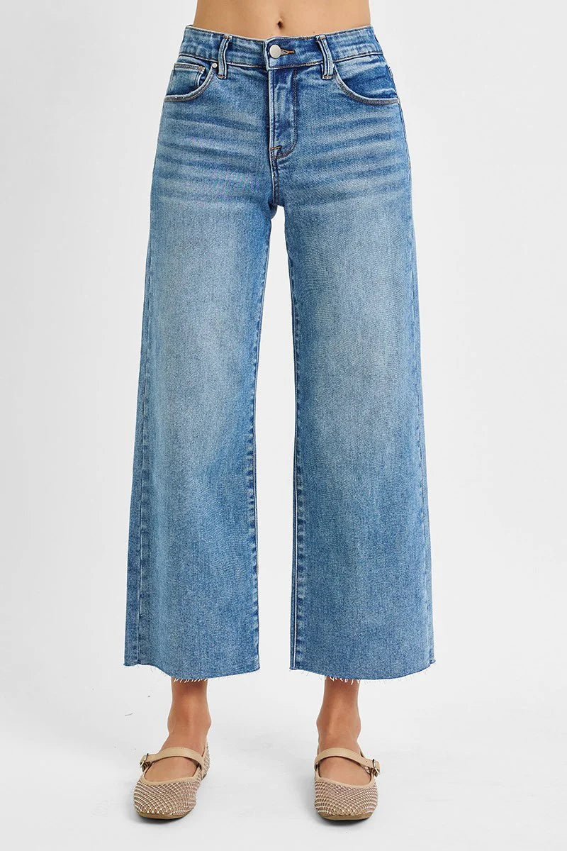 RISEN JEANS- Tummy Control Medium Wash Mid Rise Cropped wide leg jeans